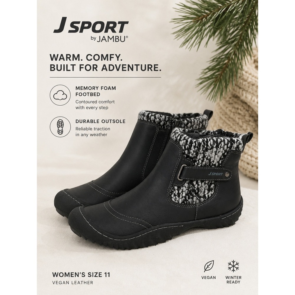 NEW J Sport Ankle Boots 11 Black Knit Trim‎ Memory Foam Vegan Leather Bootie